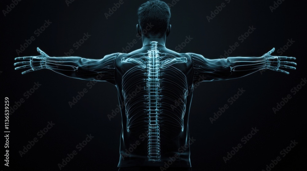 Poster a digital representation of a human figure showing an illuminated skeletal structure against a dark 