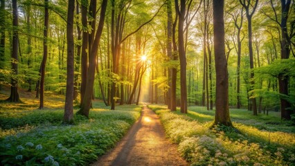 Fototapeta premium Serene Sunrise Path Through a Lush Spring Forest