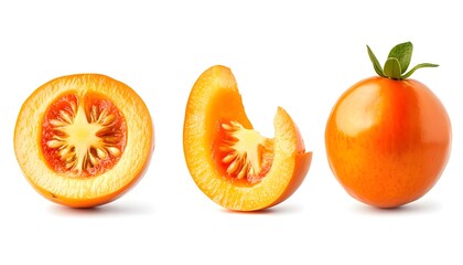 A set of Naranjilla isolated on a white background. It includes whole,halved and slice, all with full depth of field. --ar 7:4