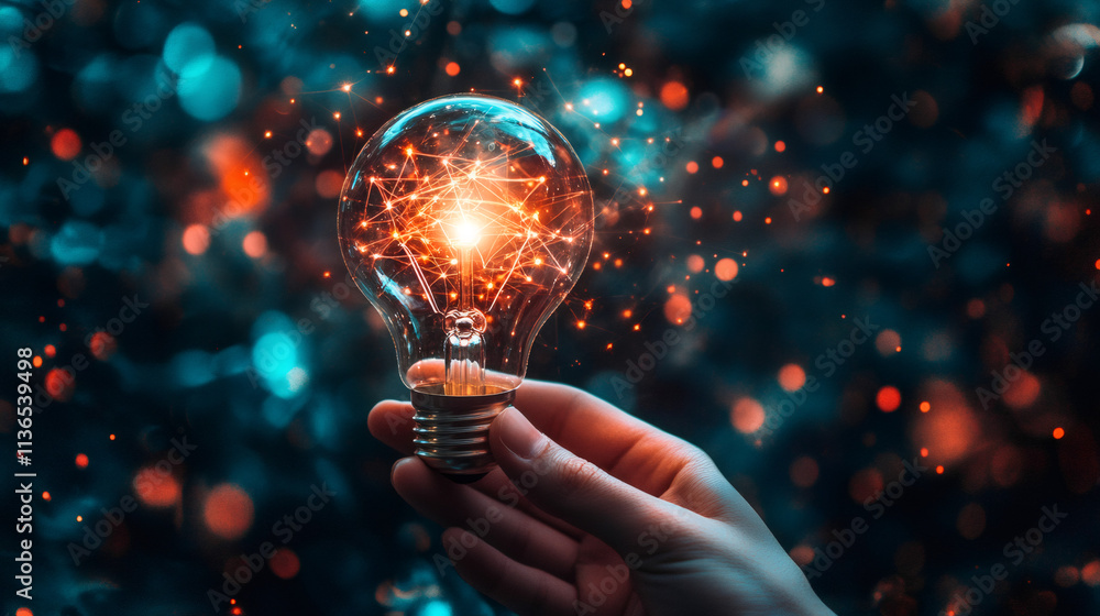 Leinwandbilder light bulb being held with a glowing network inside, representing innovation and new ideas in techno