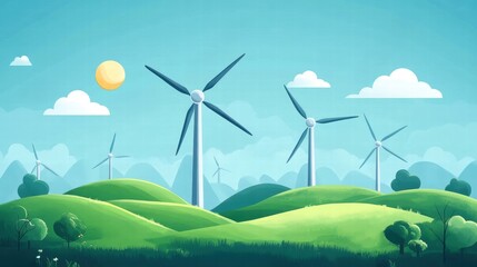 Fototapeta premium Wind turbines in a green landscape under a bright sunny sky.