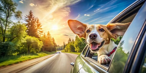 Joyful Dog Enjoying the Breeze with Its Head Out of a Car Window on a Sunny Day in Nature
