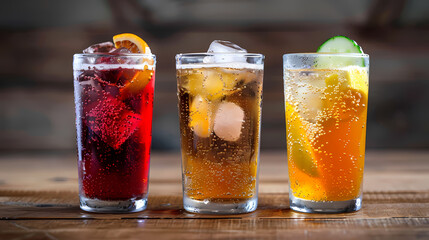 Refreshing Cocktail Collection: Three tall glasses, each brimming with a different vibrant cocktail, showcasing a captivating array of colors and textures.
