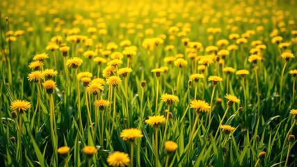Fototapeta premium Vibrant Yellow Dandelions Blooming in a Lush Green Meadow at Sunset
