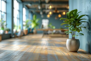 Fototapeta premium A potted plant sits on a wooden floor in a modern office space.