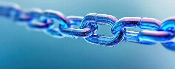 Close-up of a blue metallic chain link on a blurred background