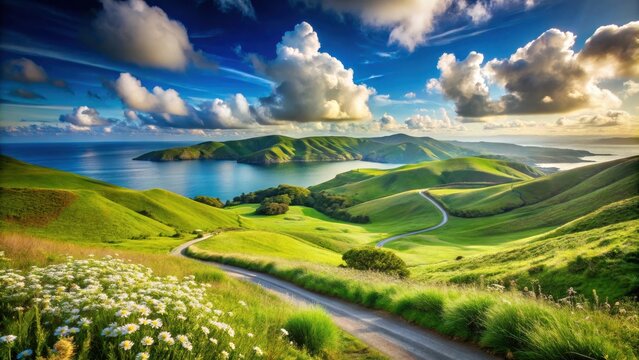 Serene coastal landscape with rolling green hills, a winding road, and a vibrant display of wildflowers under a dramatic sky