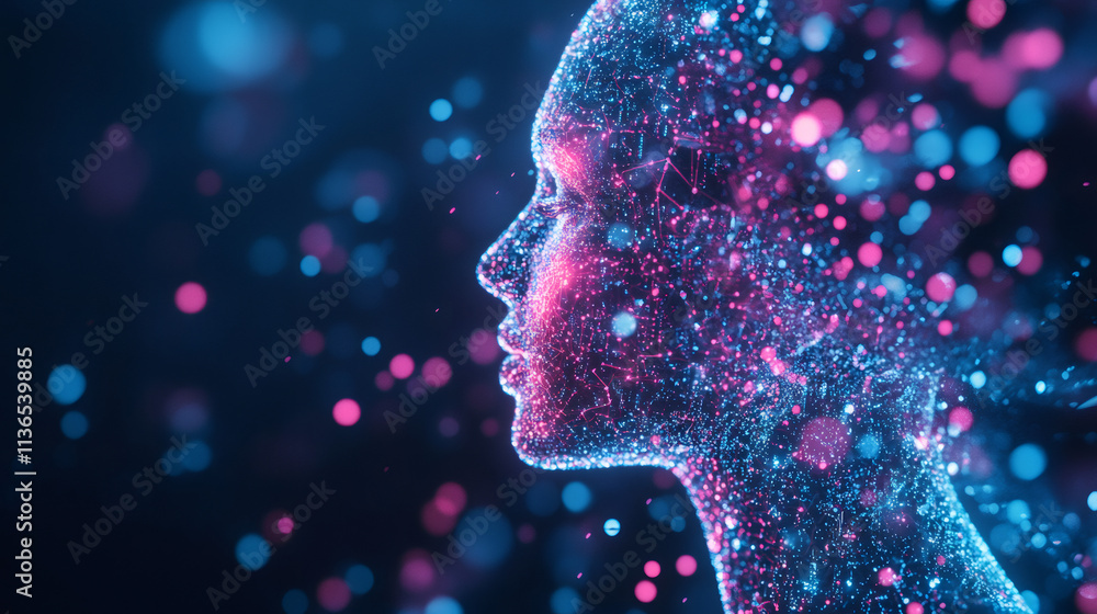 Poster Artificial intelligence creating a luminous visage with interconnected particles, symbolizing machine learning, big data, and deep learning principles