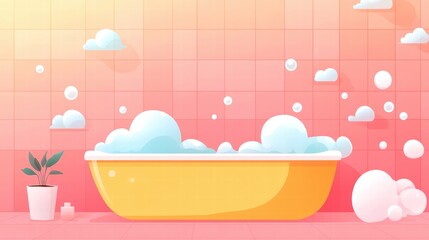 Naklejka premium Bright and colorful bathtub scene with bubbles, plant, and pastel tiles creating a serene bathroom atmosphere.