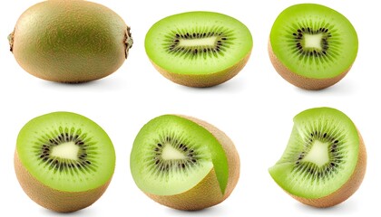 Fototapeta premium A set of Kiwi fruit isolated on a white background. It includes whole,halved and slice, all with full depth of field. --ar 7:4