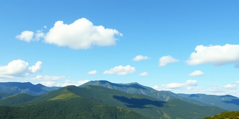 Fototapeta premium Serene landscape of rolling green hills under a vibrant blue sky dotted with fluffy white clouds