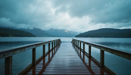 Obraz premium Wooden dock extending into calm lake under cloudy sky.