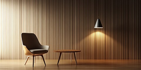 Modern Wooden Interior with Chair and Table, 3D Render, Wooden Wall, Minimalist, Chair, Table, Lamp, Generative Ai