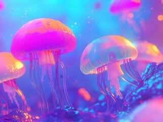 Bioluminescent Jellyfish in Vibrant Neon Underwater Scene