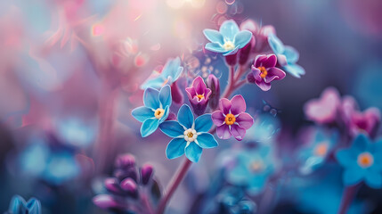 Dreamy Delicate Blooms: A soft focus on a cluster of delicate blue and purple blossoms bathed in ethereal sunlight, creating an image of gentle beauty and tranquility.