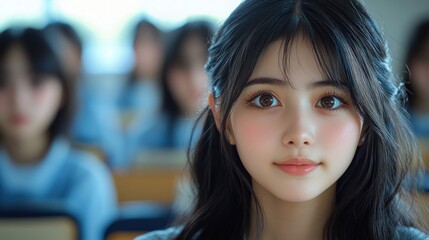 Young woman in classroom background focused and serene