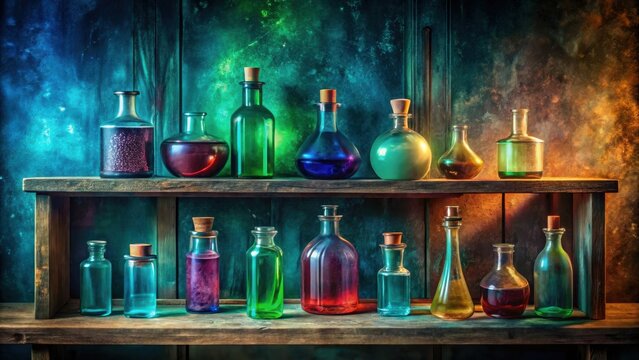 A Collection of Colorful Glass Bottles Filled with Mysterious Liquids on a Rustic Wooden Shelf