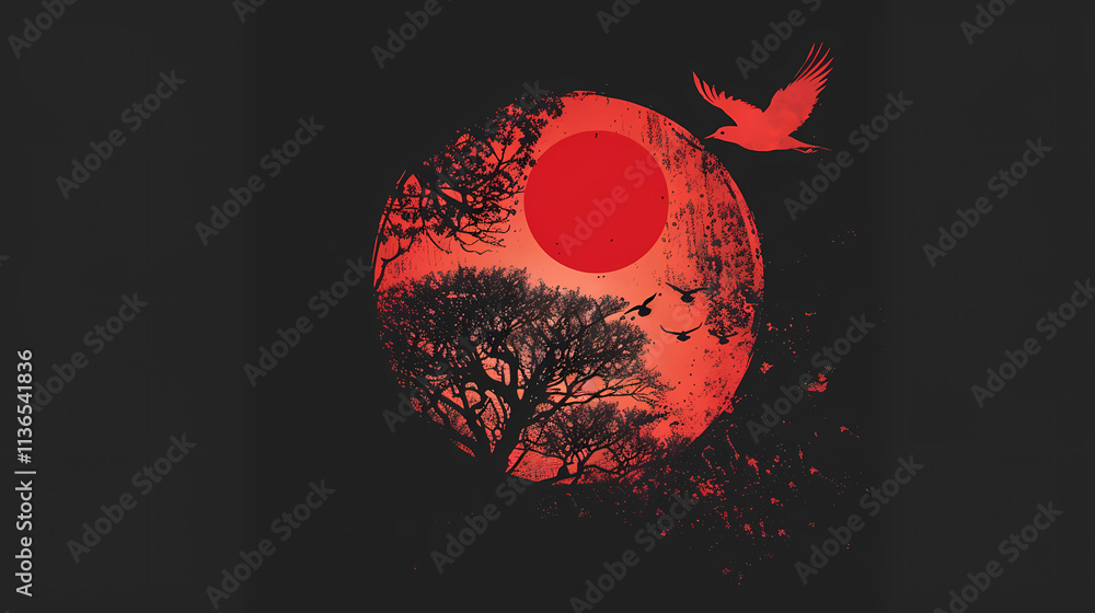 Aufkleber red moon and birds: a minimalist silhouette of a tree and birds against a vibrant red moon, creating