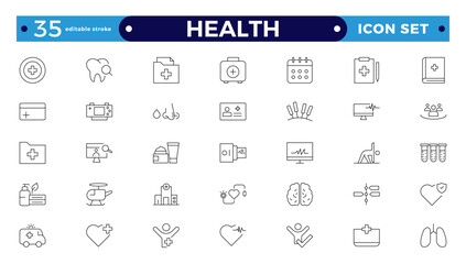 Health Care outline icon set. Medicine and Health Care linear icon collection. Containing emergency, doctor, treatment, medical, report, diagnosis, health, prevention. Editable stroke outline icon.