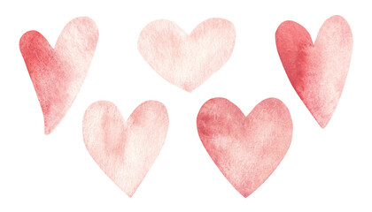 Set of Watercolor pink and red Hearts. Valentine's day hand drawn symbol isolated on a white background. Love and Romantic design elements for cards, invitations and prints.