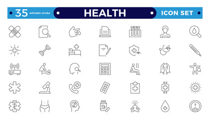 Health Care outline icon set. Medicine and Health Care linear icon collection. Containing emergency, doctor, treatment, medical, report, diagnosis, health, prevention. Editable stroke outline icon.