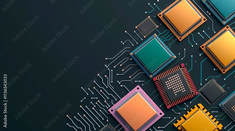 Poster a vibrant arrangement of computer chips on a dark background, showcasing intricate circuit patterns 
