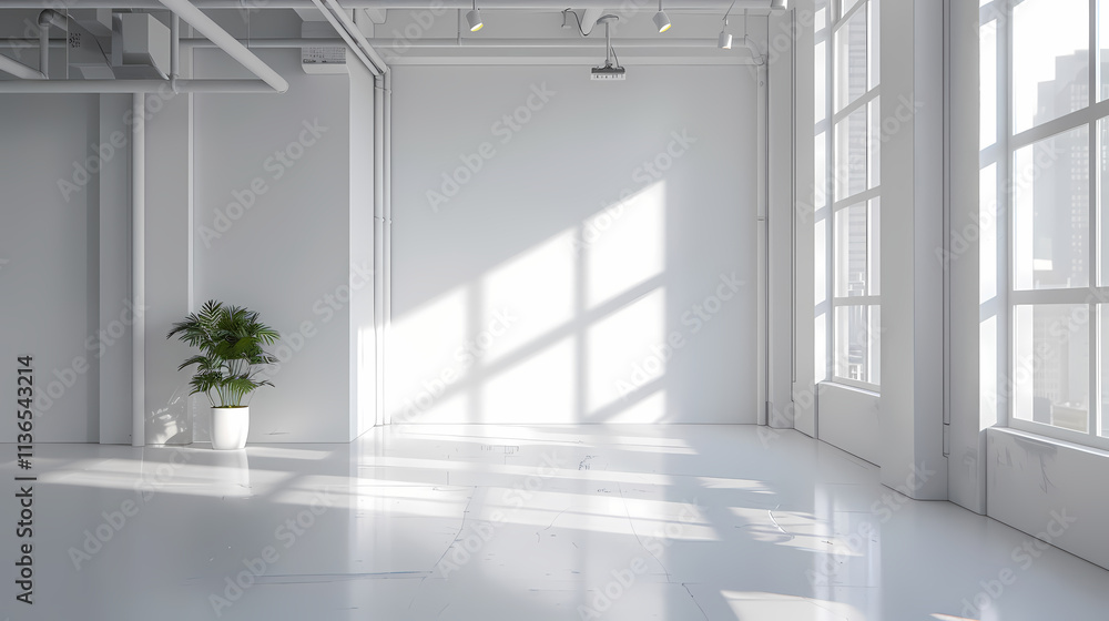 Poster modern minimalist empty studio space: sunlight streams through expansive windows, illuminating a cle