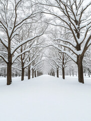 Winter landscape with snow-covered trees in a park