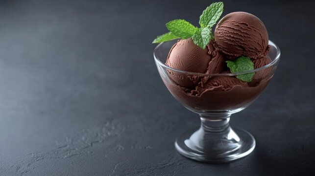 Create a high-quality image of a glass dessert bowl filled with creamy chocolate ice cream, topped with fresh mint leaves. 
