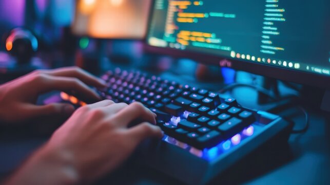 programmer coding on computer at night