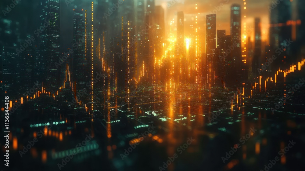 Poster Futuristic cityscape with data visualization elements