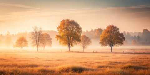 Fototapeta premium Serene autumn sunrise over misty meadow with golden trees
