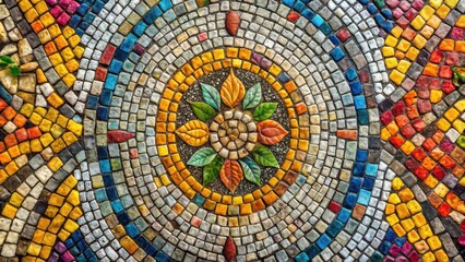 Vibrant Colorful Mosaic Tilework Featuring a Central Floral Design Composed of Autumnal Leaves