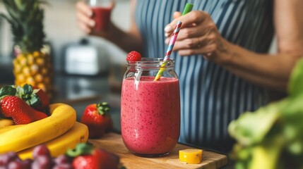 delicious pink smoothie with fresh fruits