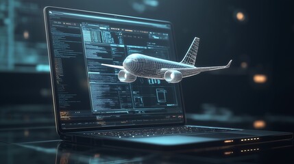 A modern laptop with the screen displaying an engineering software, on which there is also a three-dimensional airplane floating