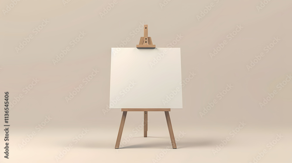 Poster blank canvas on easel: a minimalist composition featuring an empty canvas on an easel against a neut