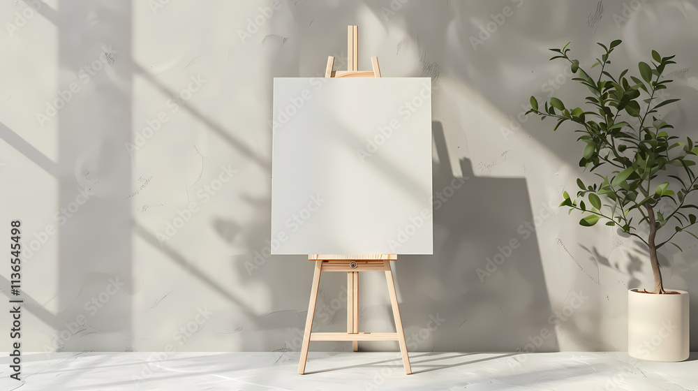 Poster blank canvas on easel with sunlight: a minimalist mockup of a blank canvas on an easel, bathed in na