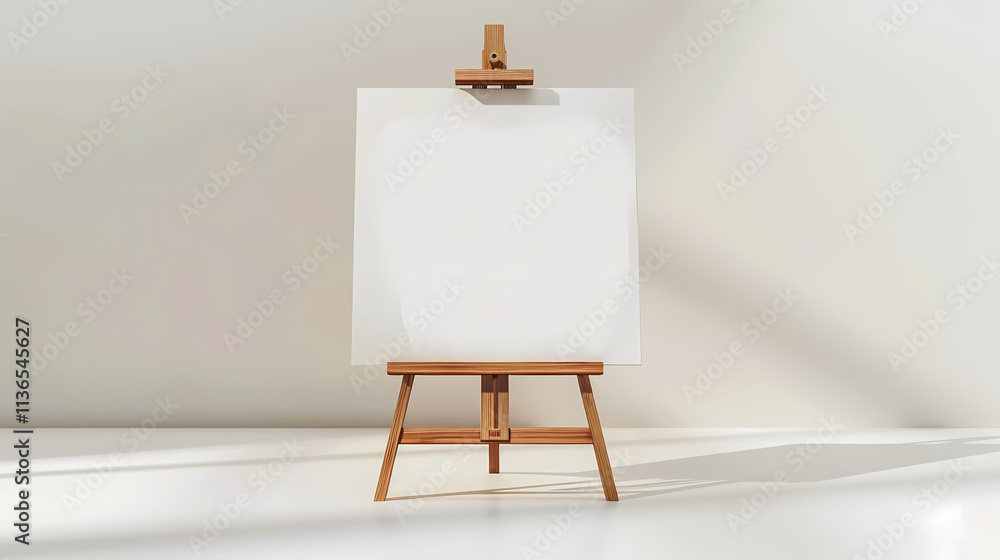 Poster blank canvas on easel: a minimalist and elegant photo of a blank canvas on a wooden easel, ready to 