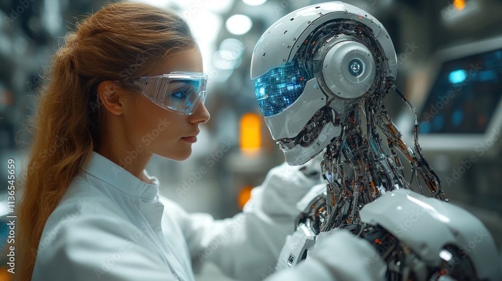 Poster scientist interacts with humanoid robot in lab background