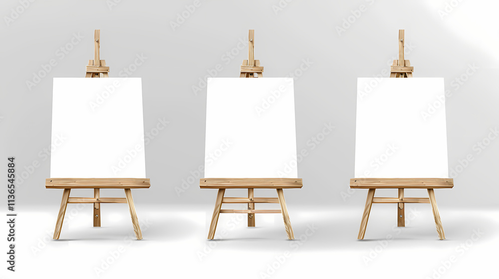 Poster triple canvas mockup: three pristine, blank canvases on wooden easels, arranged in a visually appeal