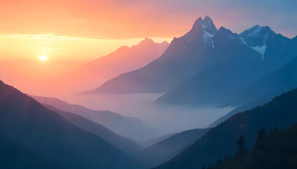 Obraz premium A softly glowing, mist-shrouded sunset casts a serene light on the towering mountains beneath.