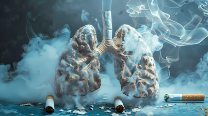 Smoke Damaged Lungs: A stark reminder of the devastating impact of smoking, with a pair of lungs engulfed in smoke, surrounded by discarded cigarettes. A powerful image for health campaigns.