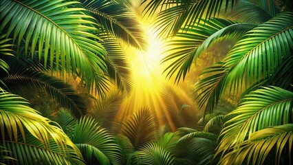 Fototapeta premium Lush Tropical Canopy Bathed in Golden Sunlight A Vibrant Image of Palm Fronds and Jungle Foliage