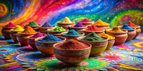 Vibrant Hues of Powdered Pigments in Earthenware Bowls Arranged on a Colorful Surface