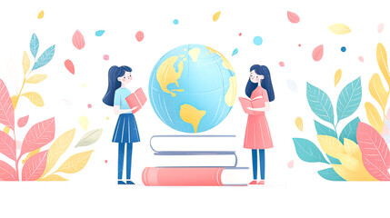 Girls reading books with globe.