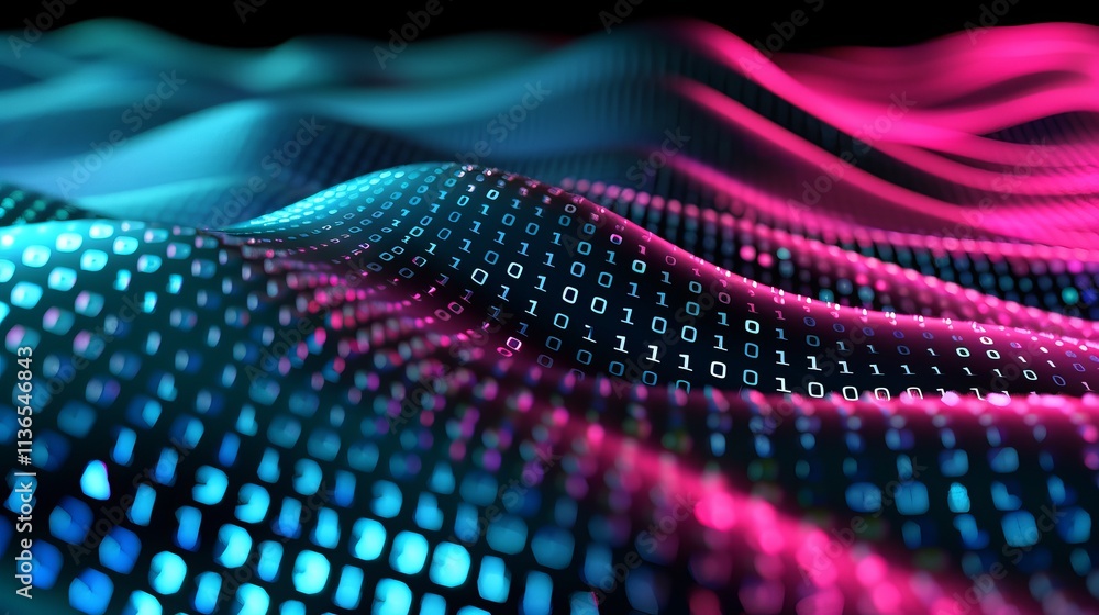 Poster a vibrant wave of binary code in shades of blue and pink, symbolizing data flow and digital innovati