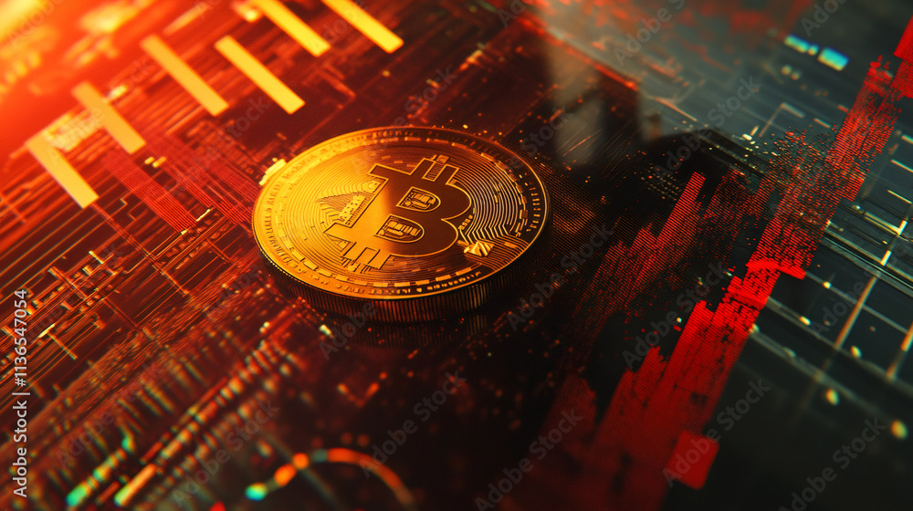 Aufkleber bitcoin on a computer motherboard with fluctuating market data, symbolizing digital finance and cryp