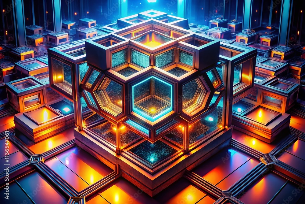 Poster low light 3d hexagonal structure ai art: generative photography, abstract geometry, sci-fi design