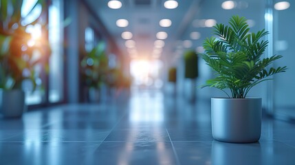 Plant is sitting in a silver pot on a tiled floor in a large room