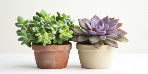 Fototapeta premium A duo of potted succulents side by side with their unique textures highlighted on a white background